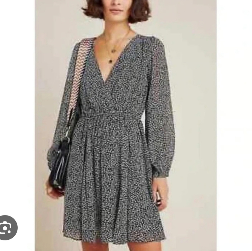 Maeve Anthropologie Carolyn Floral Black White V Neck Floral Dress Long Sleeve